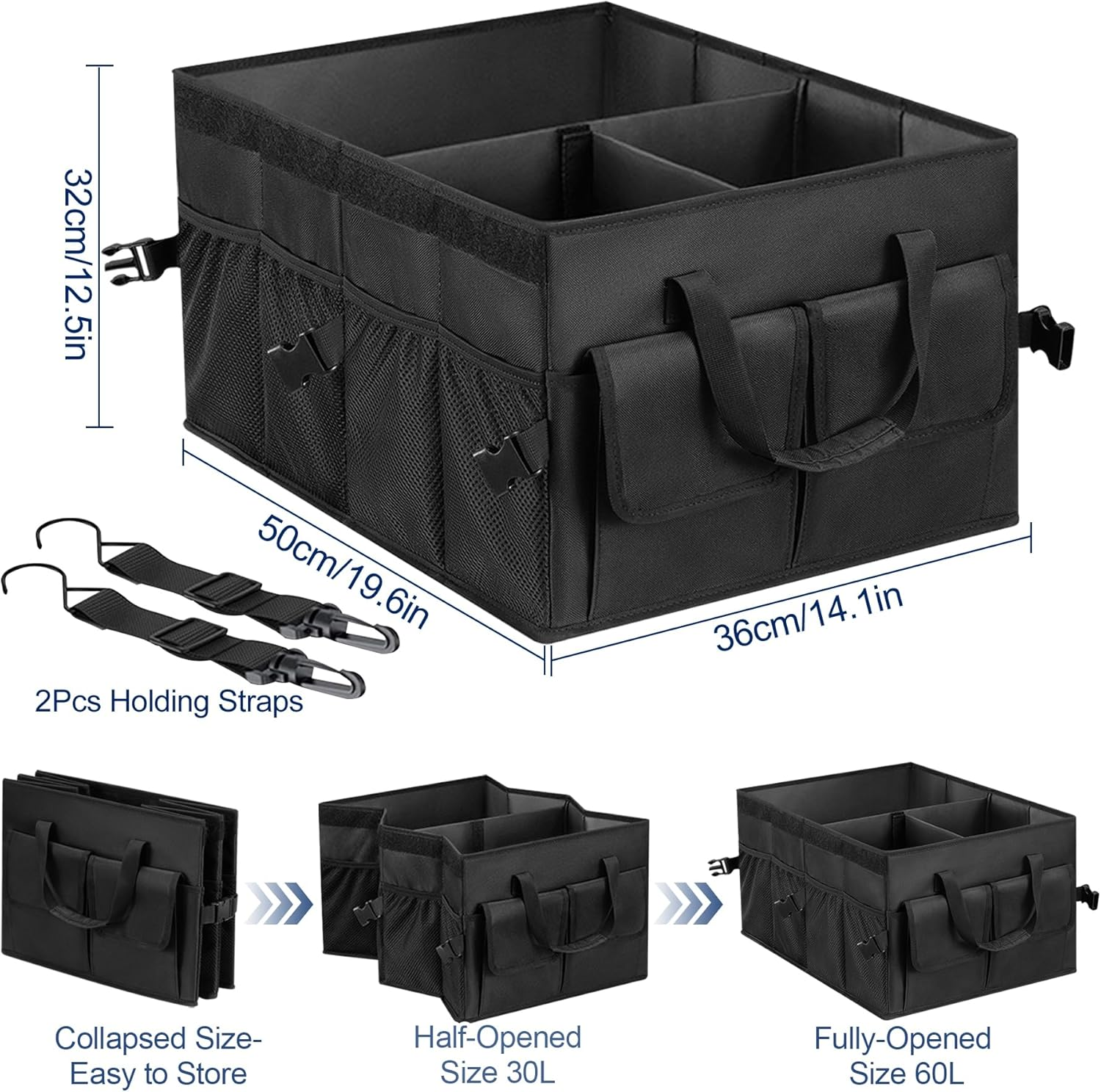 Car Boot Organizer with Lid, Collapsible Trunk Organizer with 12 Pocket, Non Slip Portable Multi Compartment Boot Tidy Sturdy Storage Box for Suvs, Sedans, Truck, Pickup Accessories (Black) image number 2