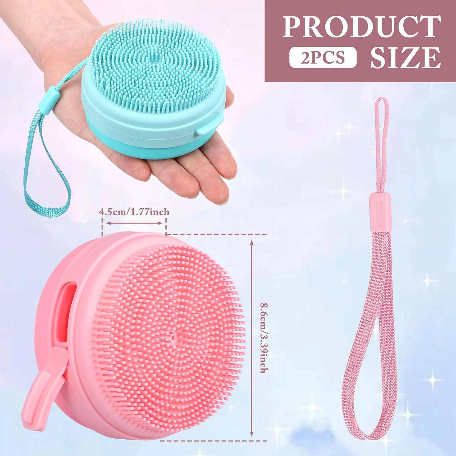 DJAPWPX 2/3 Pcs Silicone Body Scrubber Soft Silicone Shower Brush with Lanyard Safe Body Scrubber for Sensitive Skin Children Women Men (1 Pink+1 Blue) - 3 Blue image number 4