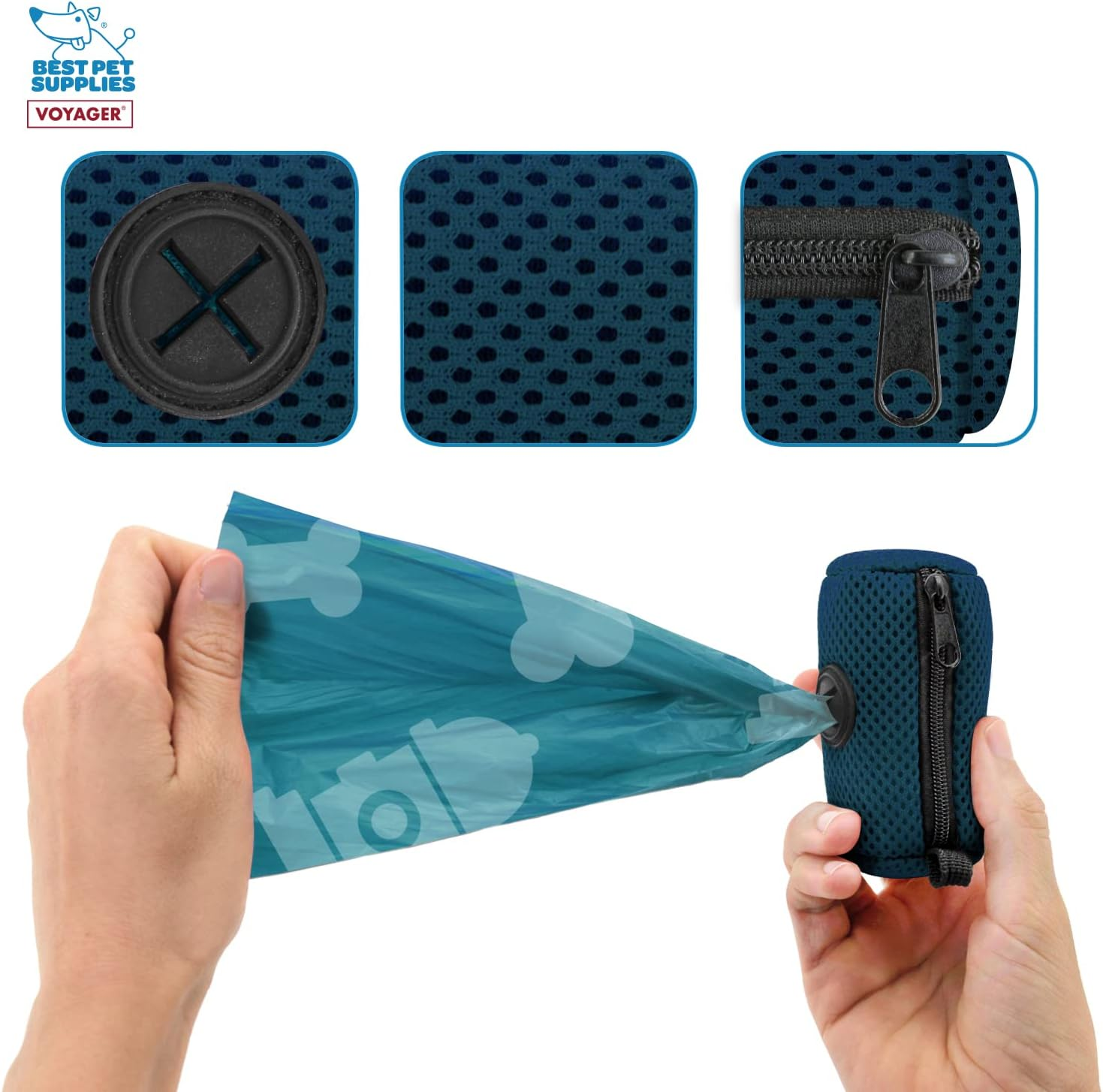 Best Pet Supplies Dog Poop Bag Holder Leash Attachment with 15 Bags, Blue, Reusable Mesh Dispenser Pouch for Travel, Walking, Park, and Outdoor Use, Soft and Durable with Clip-On