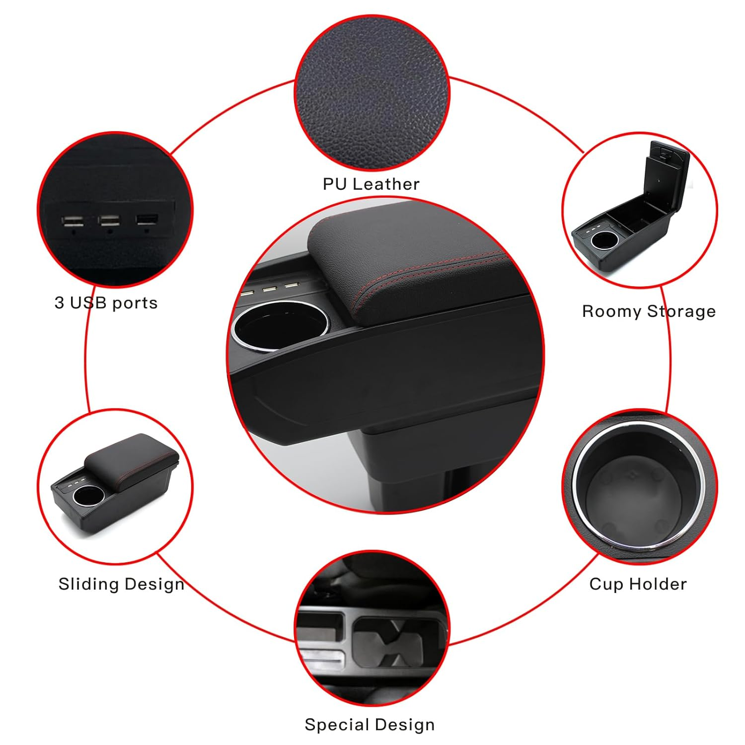 Tocsho Armrest Box for Suzuki Jimny JB64W/JB74W 2018-2023 Car Center Console Black Leather with Charging 3 USB Ports