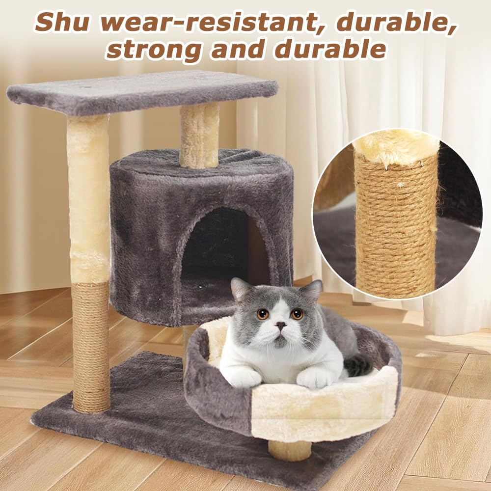 Cat Climbing Frame,Cat Tree Climb Tower,Kitty Condo,Pet Jumping Platform,Cat Tree,With 3Tier, Cave, Hammock, Pompoms,Interactive Resting Nest Bed Cave (Dark Grey)