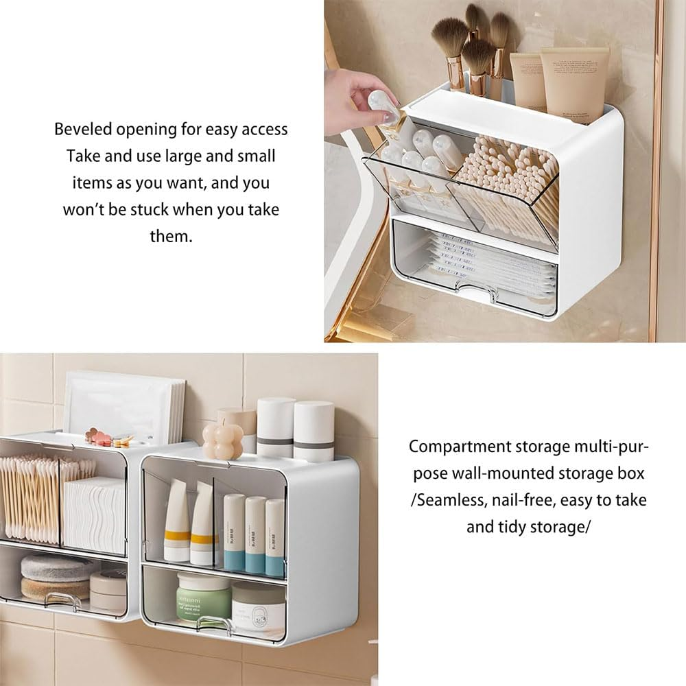 RUTREZOGO Transparent Bathroom Wall Mounted Organizer, Multi-Compartment Plastic Drawer Organizer, Cotton Swab Dispenser, Makeup Organizer for Bathroom, Kitchen, Living Room and Dormitory image number 3