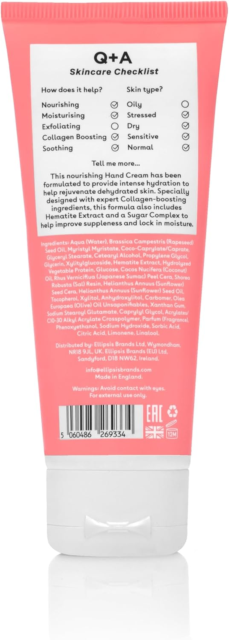 Q+A Collagen Hand Cream, Nourishing & Hydrating with Vegetable Collagen, Sugar Complex & Hematite, Golden Pear & Grape Scent, Vegan & Cruelty-Free, Recycled Packaging, Anti-Ageing Moisturiser, 75Ml image number 3