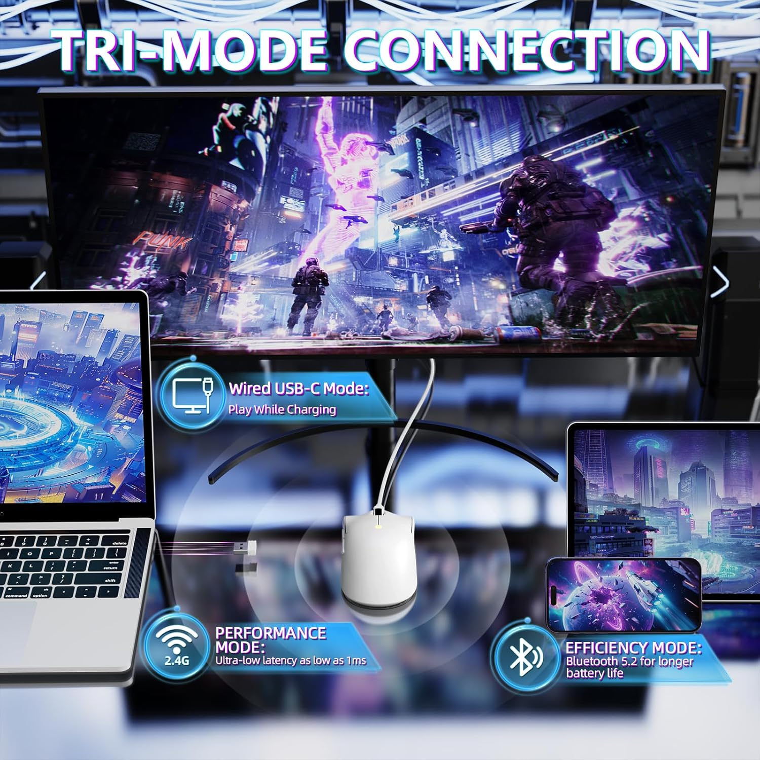 MAMBASNAKE Attack Shark X11SE Lightweight Wireless Gaming Mouse, Tri-Mode 2.4G/USB-C Wired/Bt, 22K DPI, PAW3311 Optical Sensor, 59G, 5 Programmable Buttons, 300Mah Battery for Pc/Mac(White) image number 2