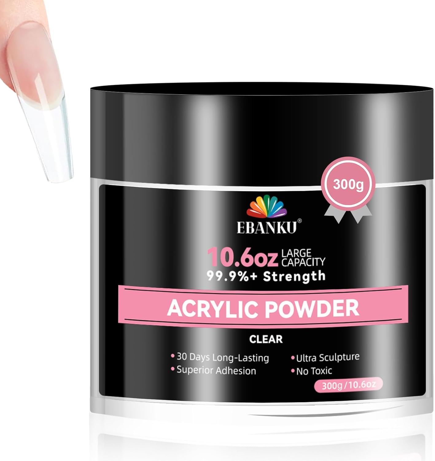 EBANKU 10.6Oz Clear Acrylic Powder, Crystal Transparent Acrylic Nail Powder for Nail Extenstion, Nail Carving, Long-Lasting, No Lamp Needed, Professional Nail Powder for French Manicure image number 1