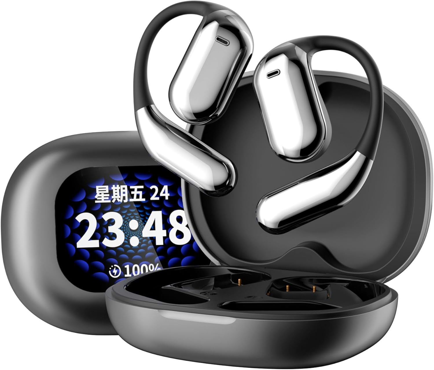 TKTCO over the Ear Headphones Q16Pro ，Smart Touch Screen Charging Box，Sports Earhook Bluetooth Headphones，Suitable for Fitness Running and Cycling, IPX4 Waterproof and Noise Reduction (Grey)