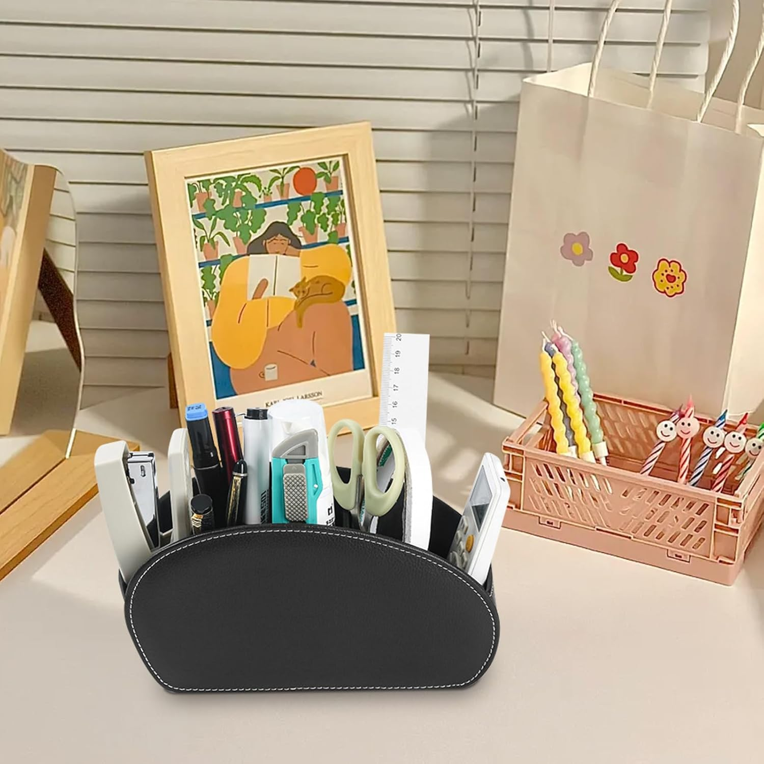 WIYETY Remote Control Holder with 5 Pockets: Remote Control Storage, Desk Organiser, for Remote Controls, Notebooks, Stationery, Pens, Mobile Phone - Black image number 5