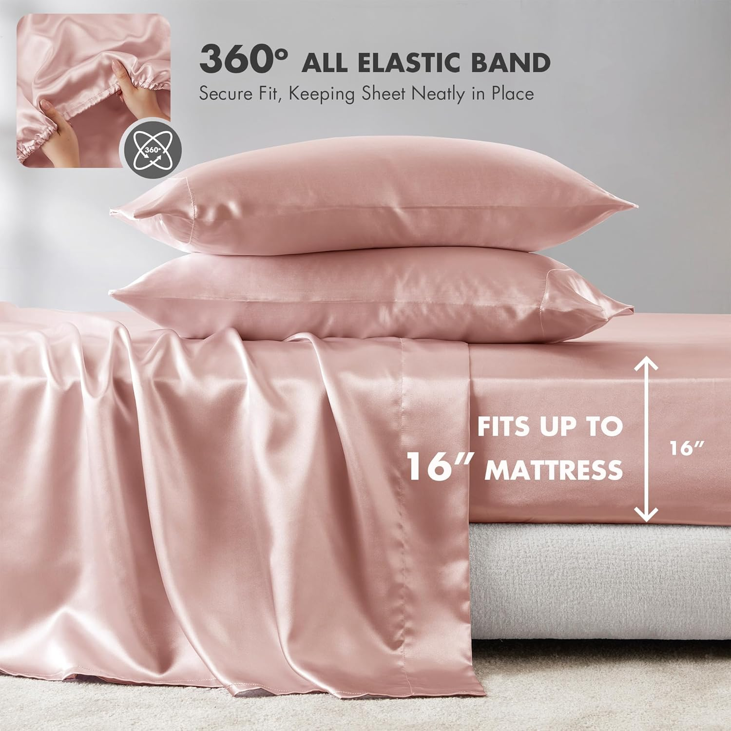 Madison Park Essentials Satin Sheet Set Wrinle-Free Luxurious and Silky with Natural Sheen, Premium 16" Deep Pocket, All around Elastic - Year-Round Bedding, Queen, Blush, 6 Piece image number 5