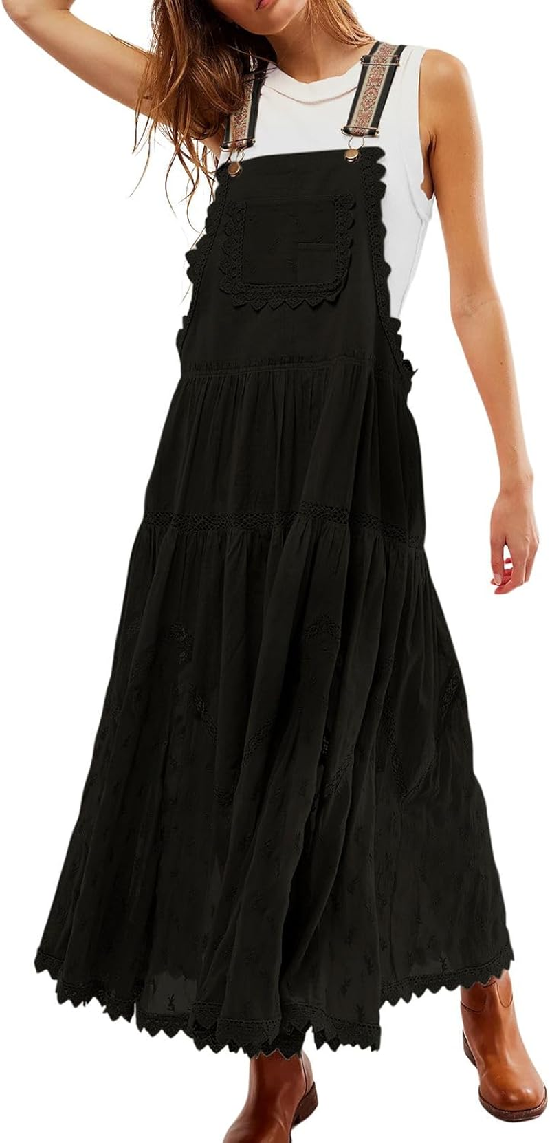 CHARTOU Women'S Bib Overall Jumper Babydoll Pinafore Embroidered Lace Maternity Straps Suspender Dress