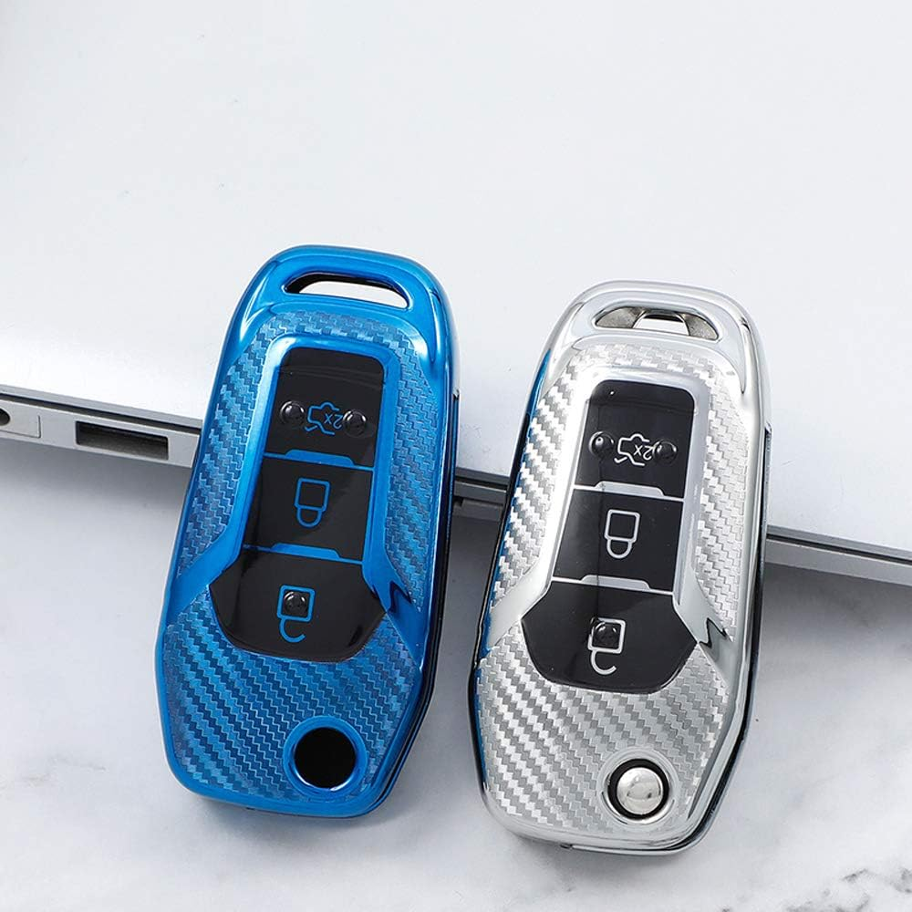Ontto Silicone Car Key Fob Cover Keyring for Ford F150 F250 Focus 3 Escort Kuga Mondeo Fiesta Mustang Fecosport Edge Fusion 2016 Ranger S-Max Accessories Flip Key Case Key Shell Key Holder Blue