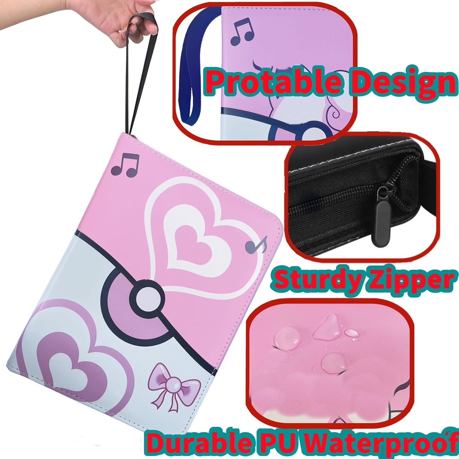Trading Card Album Binder 4 Pocket,50 Removable Sleeves Fits 400 Cards, Cards Holder Album PU Leather Folder with Zipper and Strap for Game,Book Folder Storage Organizer for Boys Girls (Pink) image number 5