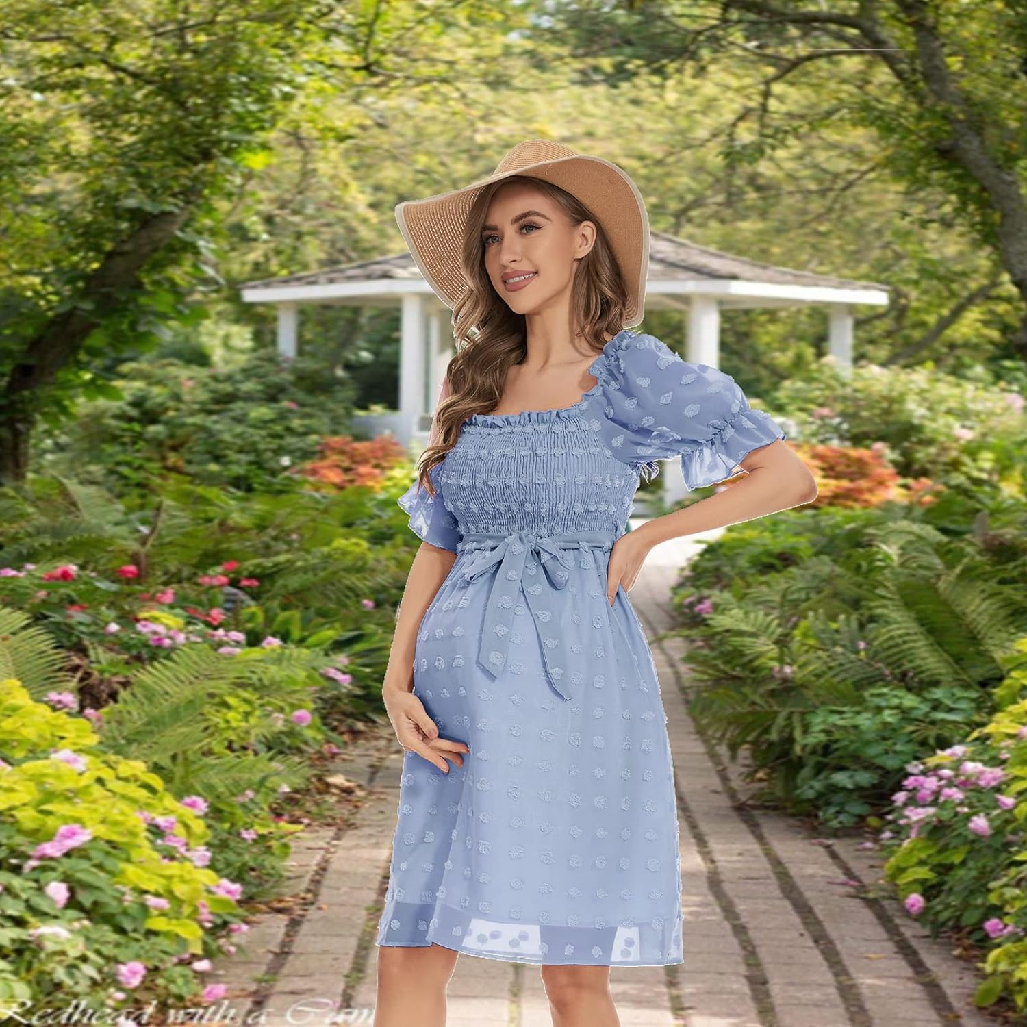 Boho Flutter Short Sleeve V-Neck Maternity Midi Dress for Baby Shower/Photoshoot/Holiday，Swiss Dot Maternity Dress image number 2