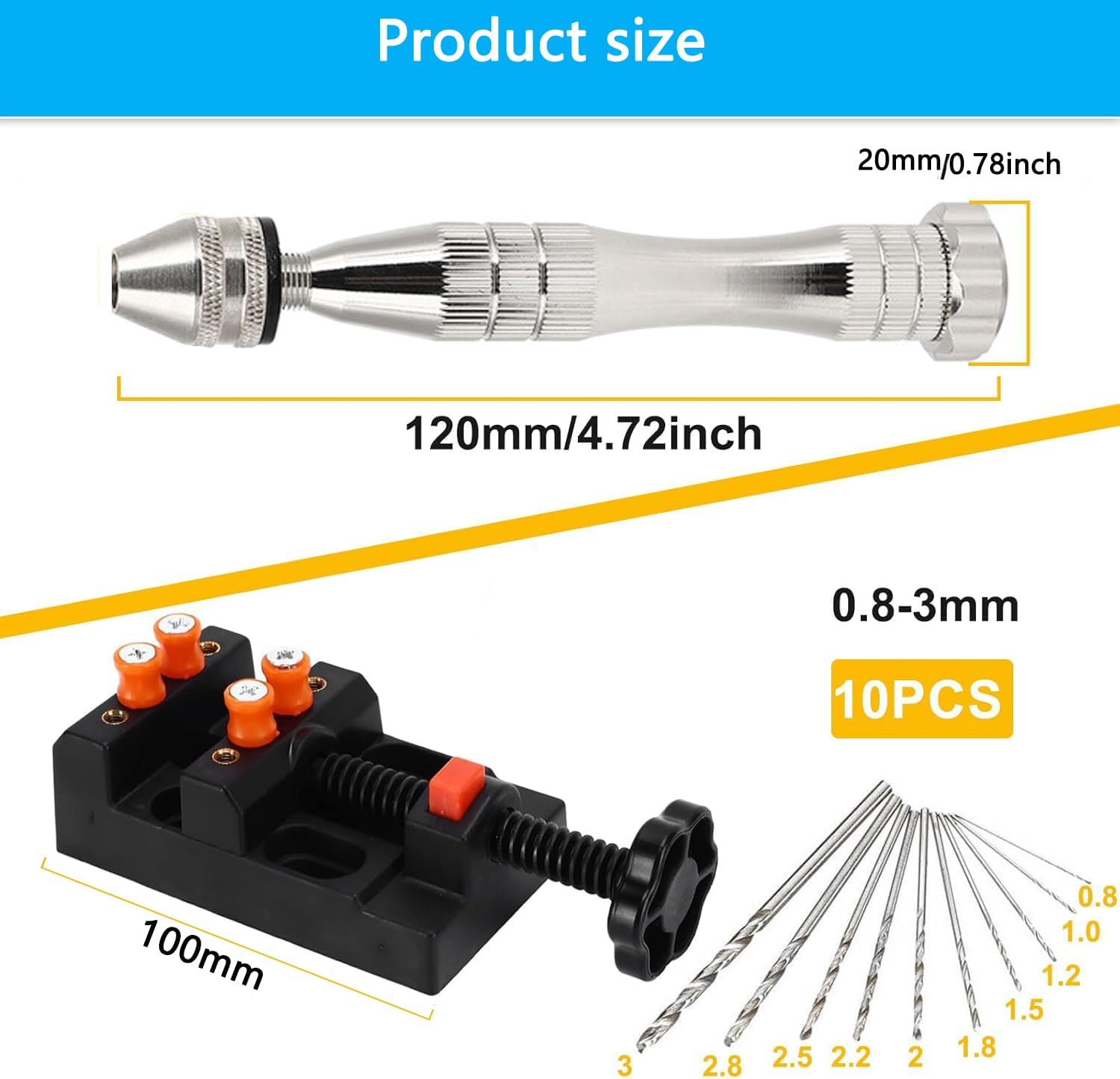 KEWAYO Mini Pin Vise Hand Hobby Drill with Model Twist Drill Hand Drill Bits Set for DIY Drilling Jewelry Resin Casting Molds Woodworking Accessories image number 3