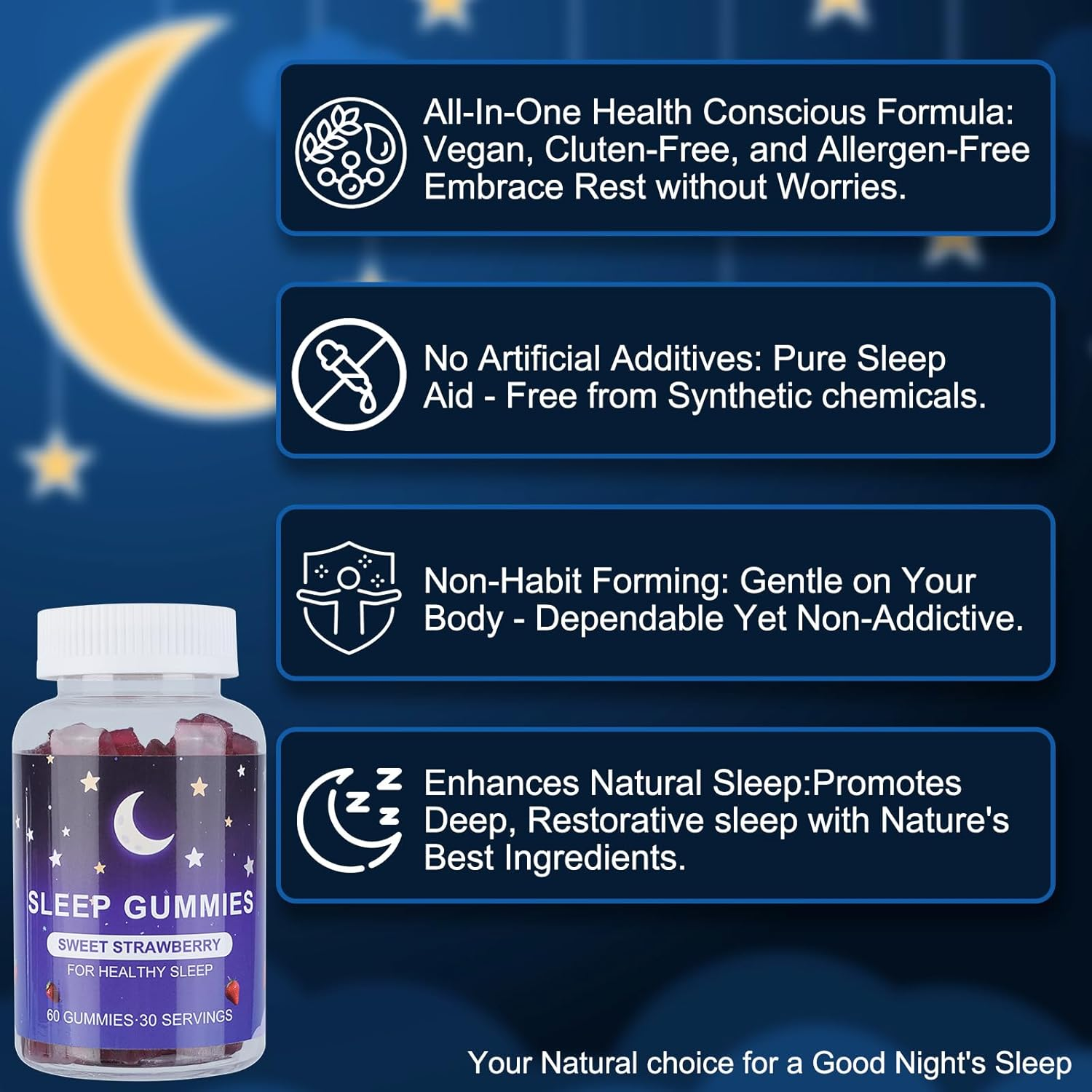 Natural Sleep Aid Gummies for Adults-Strawberry Star Gummies, Fruity Flavor, Vegan, Travel-Friendly, Non-Habit Forming- 60 Count image number 2