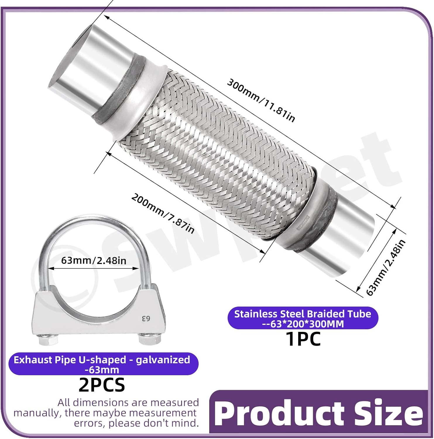 Swpeet 3Pcs 2.5 X 7.9 Inches Exhaust Flex Pipe with 2.5 Inches Exhaust U Clamp Kit, Universal Type Stainless Steel Double Braid Zinc Pipes Exhaust Flex Tube Ideal for Heavy Duty and Cars image number 3