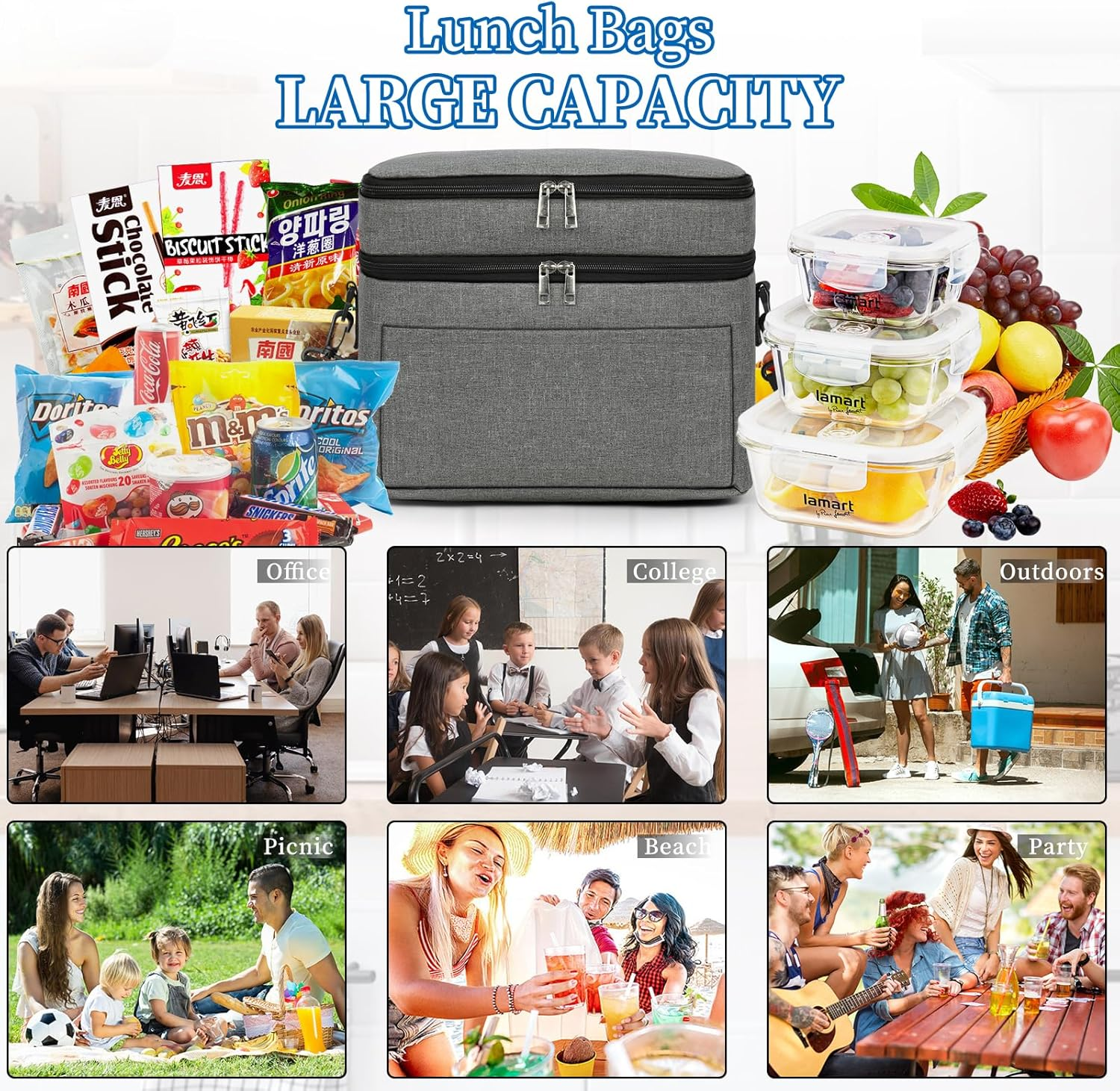 Lubardy 2PCS Lunch Bag, Insulated Lunch Bag, Waterproof Reusable Lunch Bag with Removable Adjustable Shoulder Strap,Lunch Box for Men Women,For Outdoor, Picnic, Work,Grey image number 6