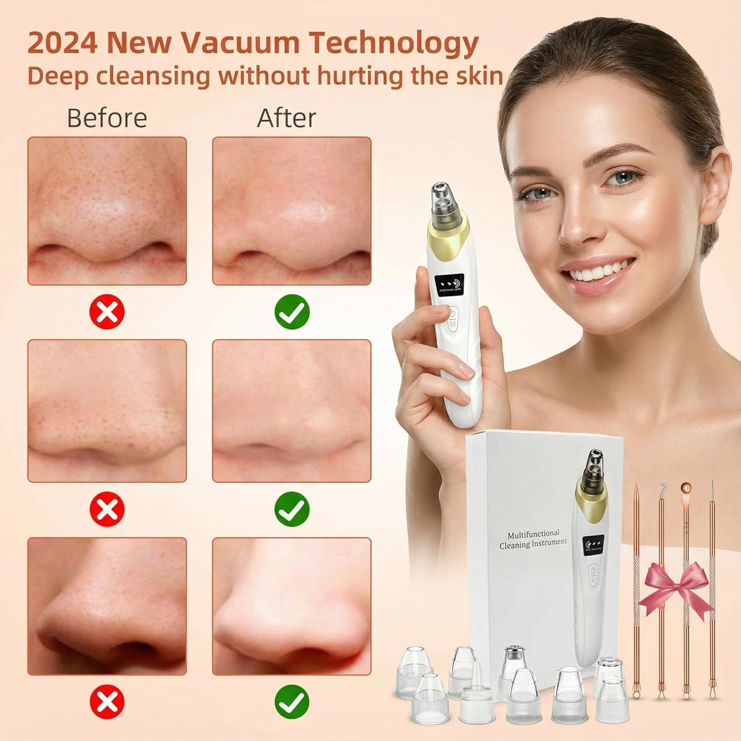 2025 Pore Vacuum, USB Rechargeable Blackhead Remover Vacuum,3 Levels Adjustable Pore Vacuum Blackhead Remover, with 5 Suction Power,6 Probes,Face Vacuum Pore Cleanser for Women & Men-Gold image number 1