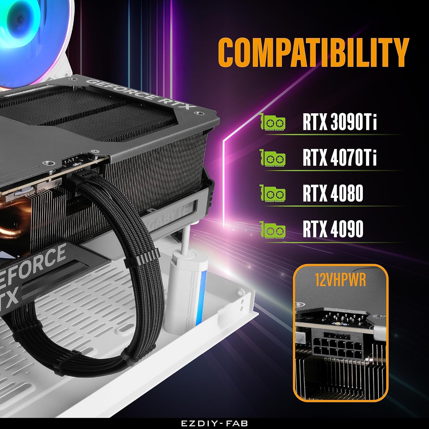 EZDIY-FAB GPU Power Sleeved Cable Extension, 16Pin(12+4) 12VHPWR Pcie 5.0 Connector Male to Female for RTX 5080, 5070, 4090, 4080, 4070, with Cable Combs-16Awg/Black - Black image number 2