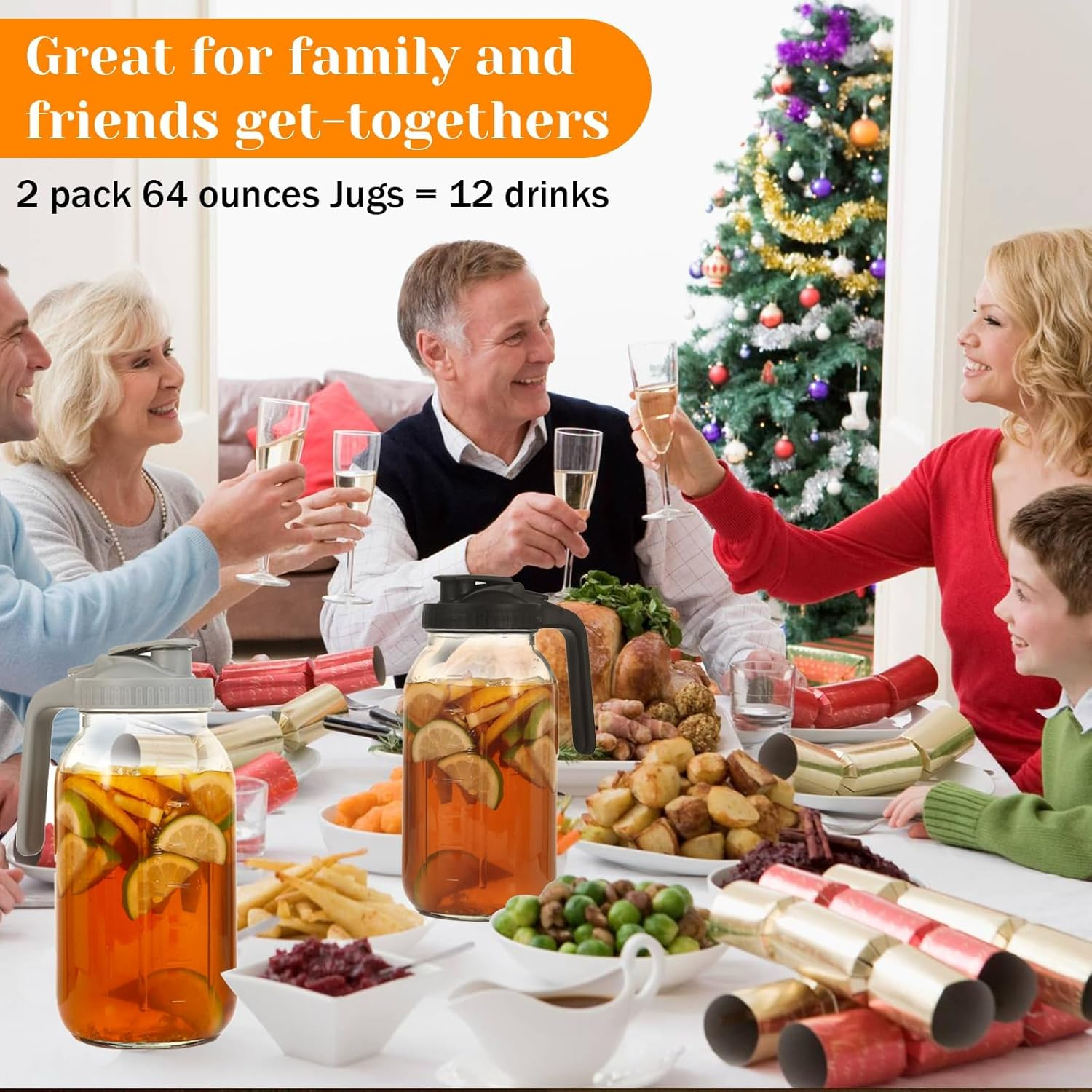 AVITONG 2 Pack Glass Drink Jugs with Handles & Lids &ndash; 1.9L Large Capacity Water Pitchers for Iced Tea, Juice, Lemonade & Fruit Infusion &ndash; Bpa-Free, Leakproof, Fridge & Dishwasher Safe image number 4