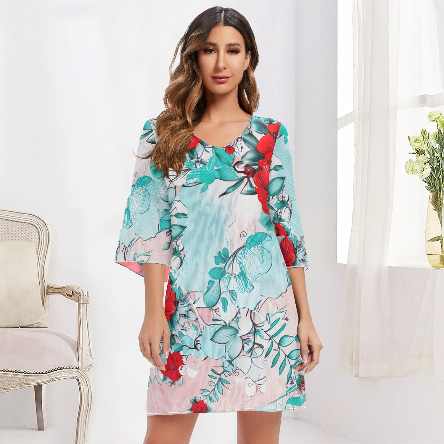 Floral Red Flowers Casual Chiffon Dress Printed Line Maternity Dress S-XXL