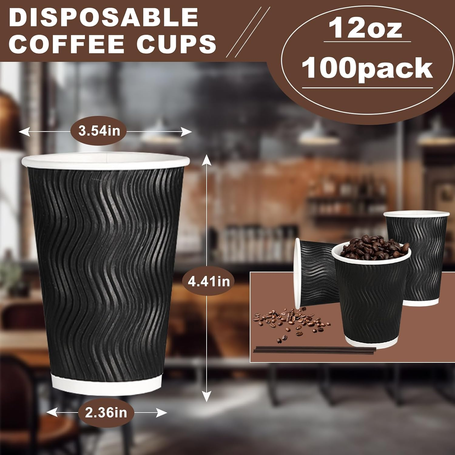 TNGAMFGT 12Oz Ripple Wall Paper Cups,100 Pcs Disposable Paper Coffee Cups with Lids,Hot Drinks, Cold Drinks, Juice Tea，Ideal for Home, Parties, Weddings（12Oz，100 Pack，Black） image number 3