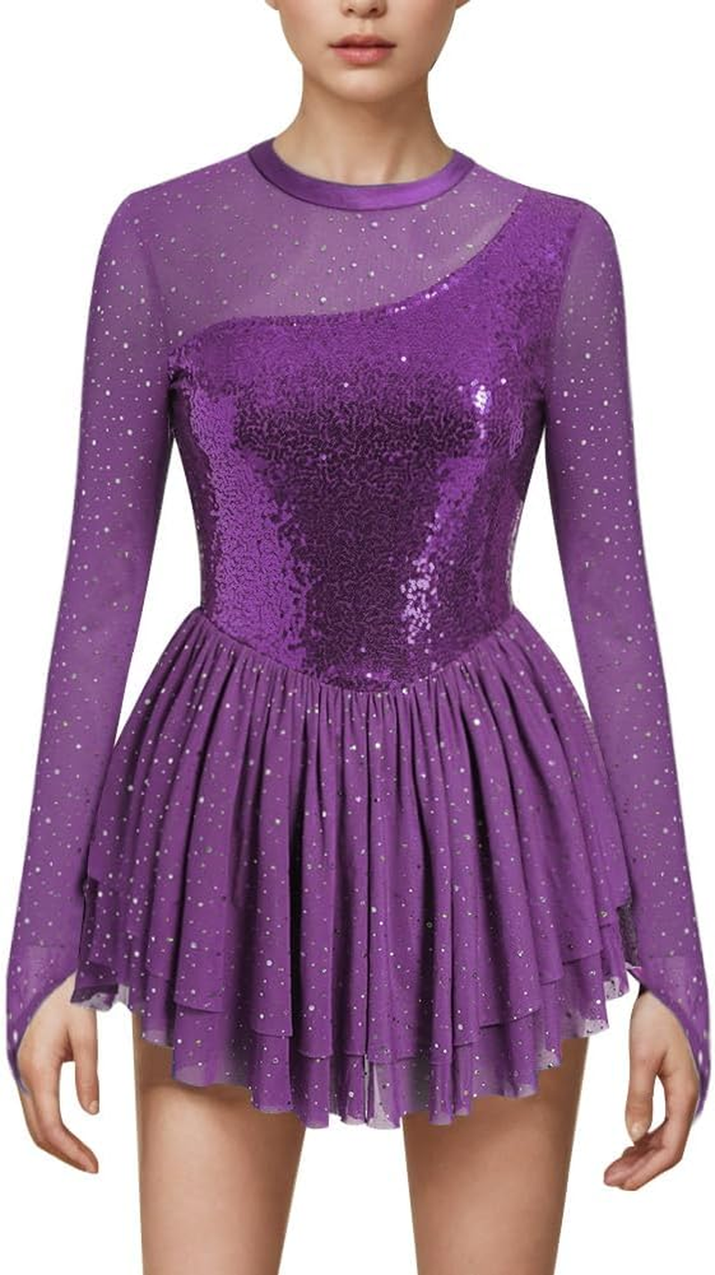 AFAVOM Sequin Figure Skating Dress for Women Long Sleeve Shiny Mesh Rhinestone Ice Skating Dress Ballet Lyrical Dancewear