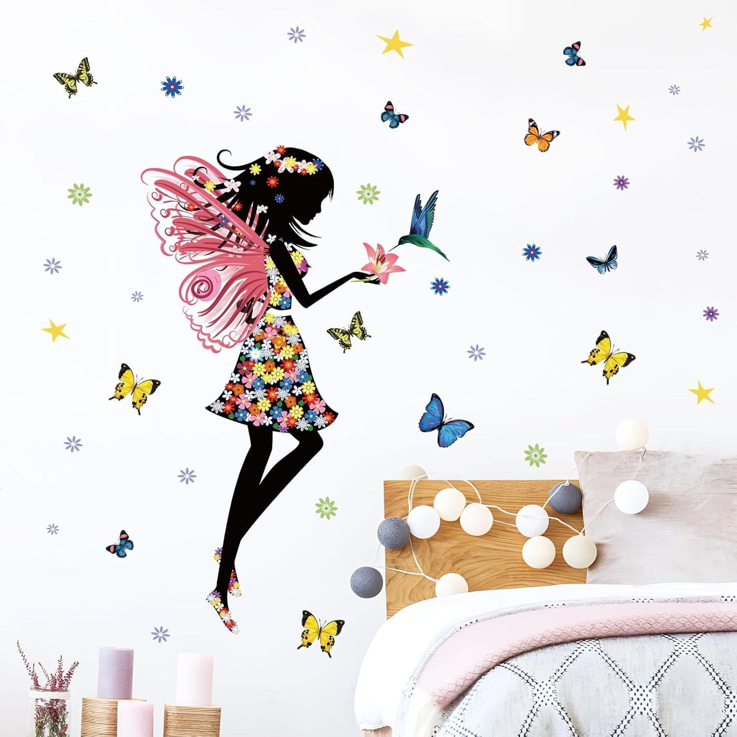 Supzone Flower Fairy Wall Decal Girl with Umbrella Wall Sticker Colorful Butterfly Floral Wall Decor DIY Vinyl Mural Art for Girls Baby Nursery Bedroom Living Room Playroom