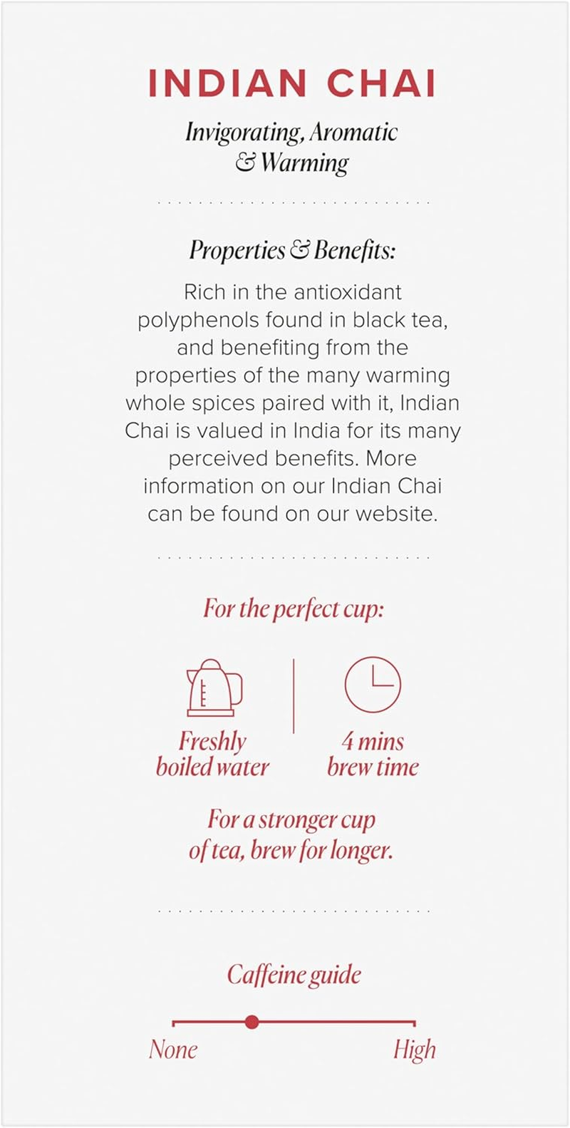 96&deg; Indian Chai - 20 Pyramid Tea Bags, Individually Wrapped, Strong, Spiced and Aromatic, Biodegradable Plant-Based Bags image number 3