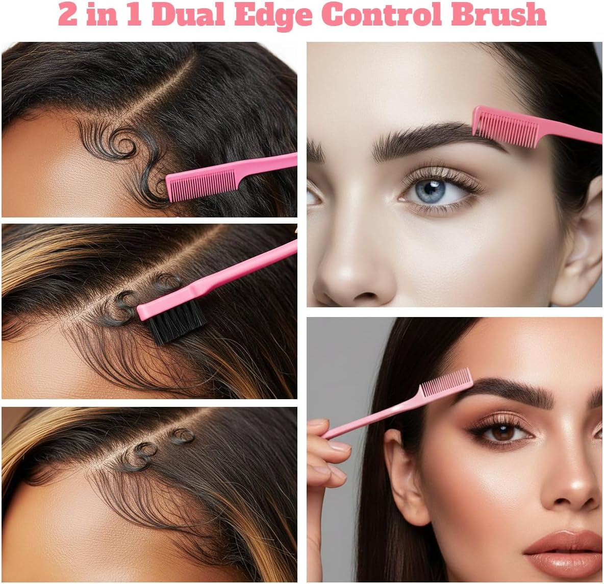 3 Pcs Slick Back Hair Brush, Edge Control Brush Kit - Includes Bristle Brush, Rat Tail & Parting Comb, Teasing Comb for Curly Hair, Sleek Ponytails, Smoothing Baby Hair & Flyaways for Women & Girls (Pink) - Black image number 3