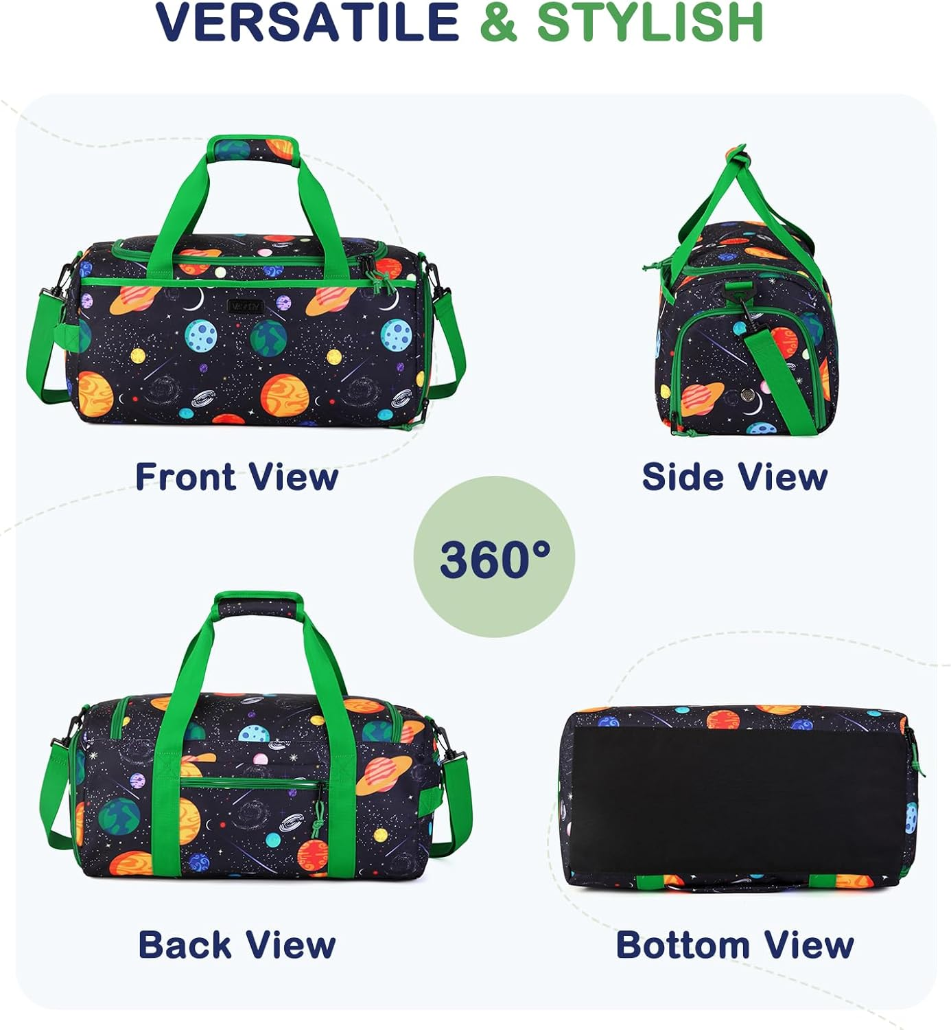 Kids Duffle Bag,Vaschy Travel Bag for Toddler Children Boys Water Resistant Overnight Duffel Ballet Dance Sport Carry on Weekender Bag with Shoes Compartment Dry Wet Pocket Green Space image number 2