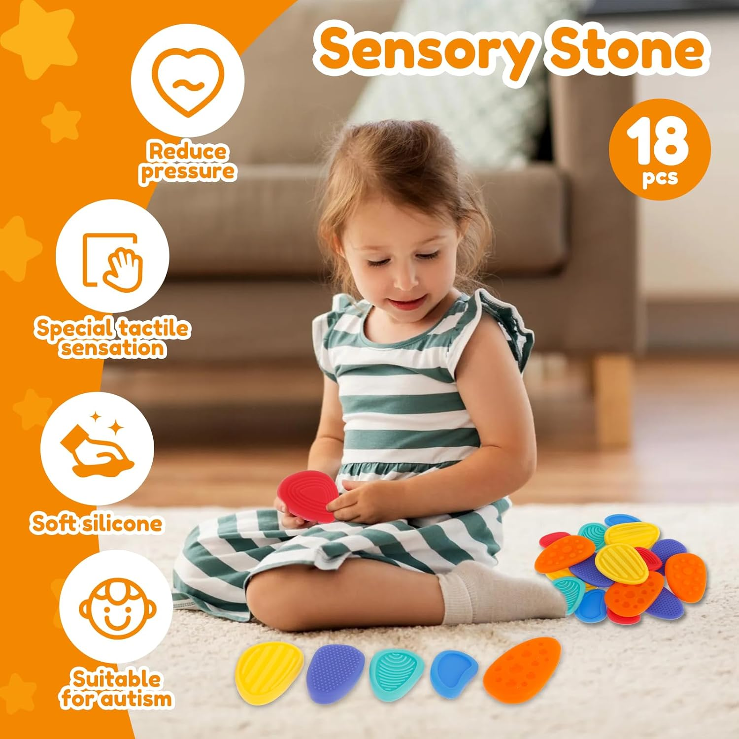 6/18Pcs Silicone Stone Toy,Anxiety Relief Stones,Kid Sensory Stones,Textured Worry Stones,Bright Color Sensory Stones for Students Anxiety Relief (18 PCS) image number 1