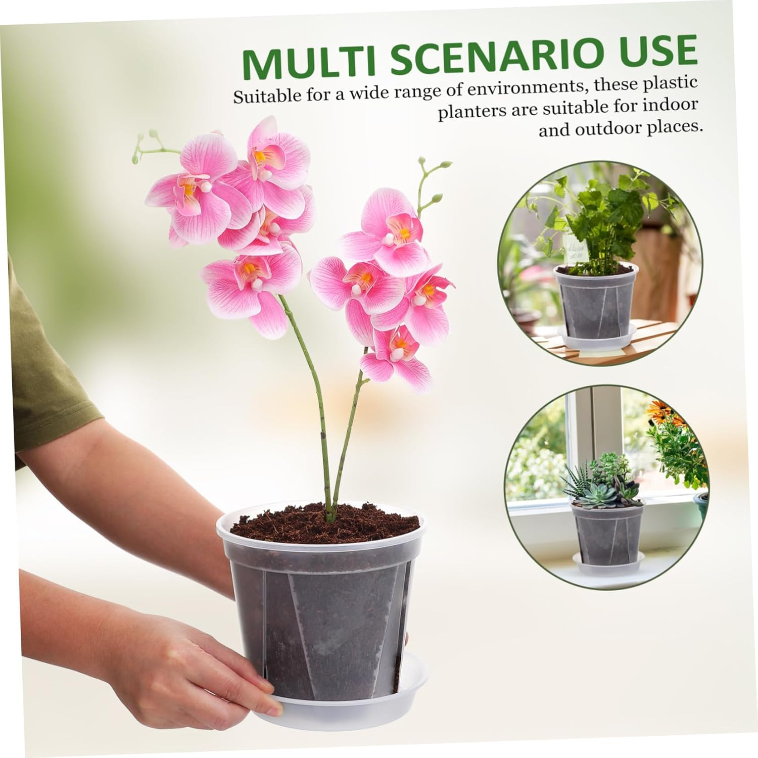 TOBBOMEY 4 Pcs Breathable Root Control Planting Pots with Drainage Trays 0.3 Gallon Plastic Planters for Indoor Orchid and Succulent Gardening image number 3