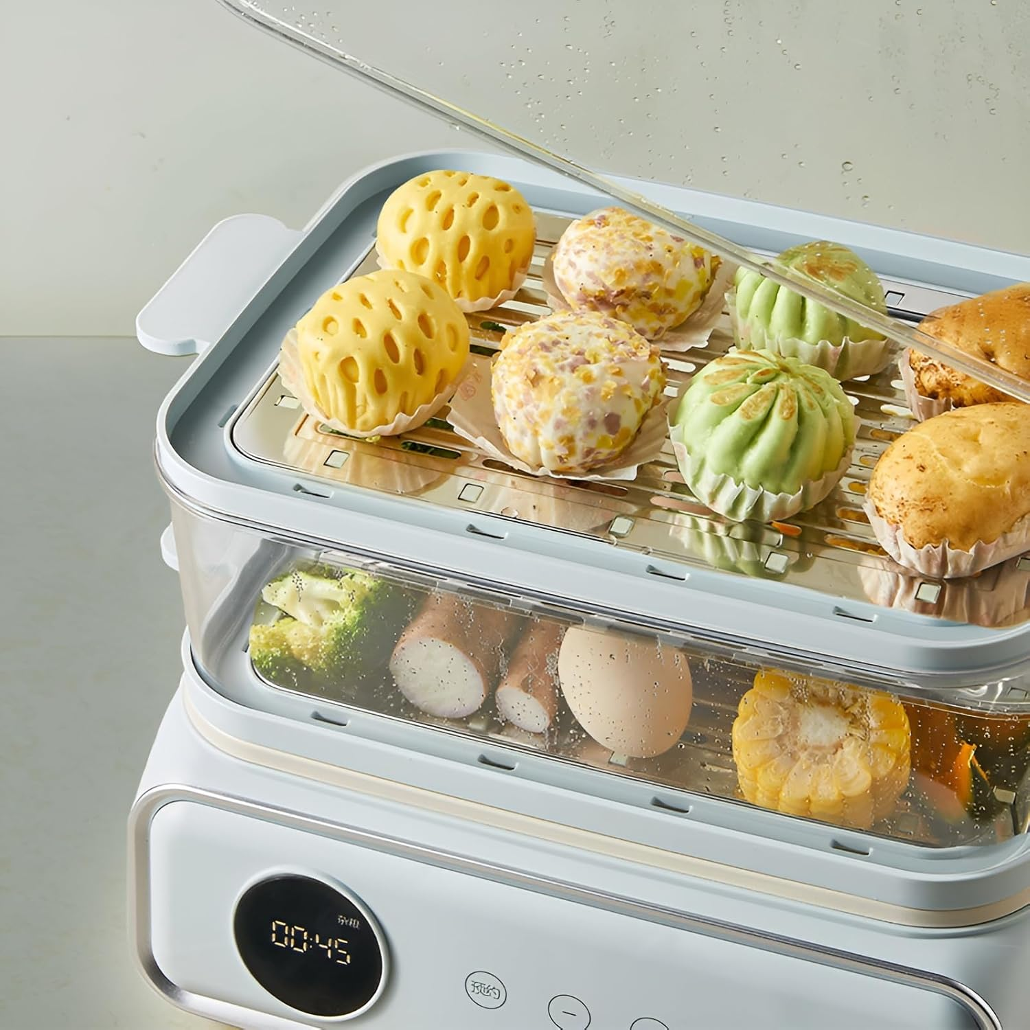 Multifunctional Electric Food Steamer 21.5L Large Capacity, with 3-Layer Steamer, 24H Reservation and Smart Timer, 1200W Fire Heating Stainless Steel Steamer，Blue - 3-Layer Blue image number 2