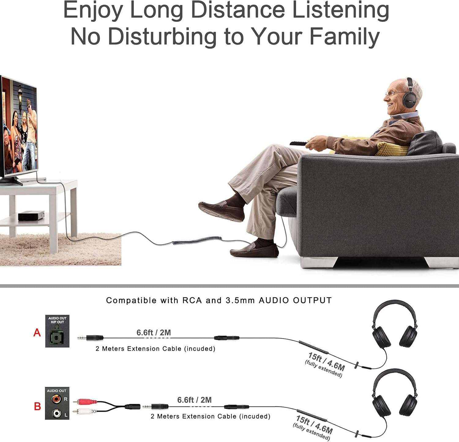 SIMOLIO Long Cord Headphones for TV and PC with Volume Control and Mic, 21.6FT/6.6M Extended Cable with Clip, RCA & 3.5Mm AUX Audio, Fold-Flat Stereo over Ear Wired TV Headphones, SM-906TV image number 3