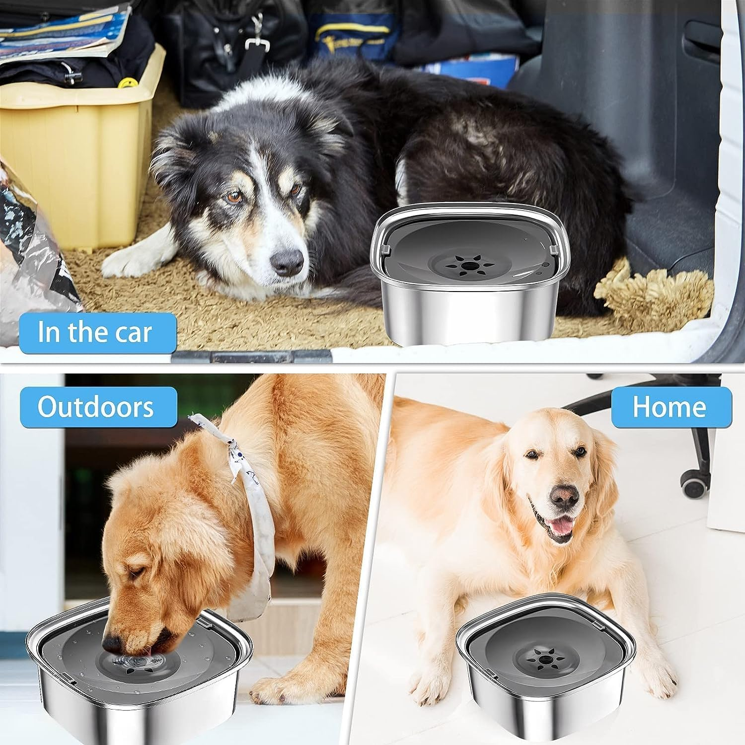 Dog Water Bowl 3L 101Oz Stainless Steel No Spill Dog Bowl Large Capacity Slow Water Feeder, Spill Proof Dog Bowl Pet Water Dispenser Vehicle Carried Slow Drinking Water Bowl for Dogs, Cats (Grey) image number 5