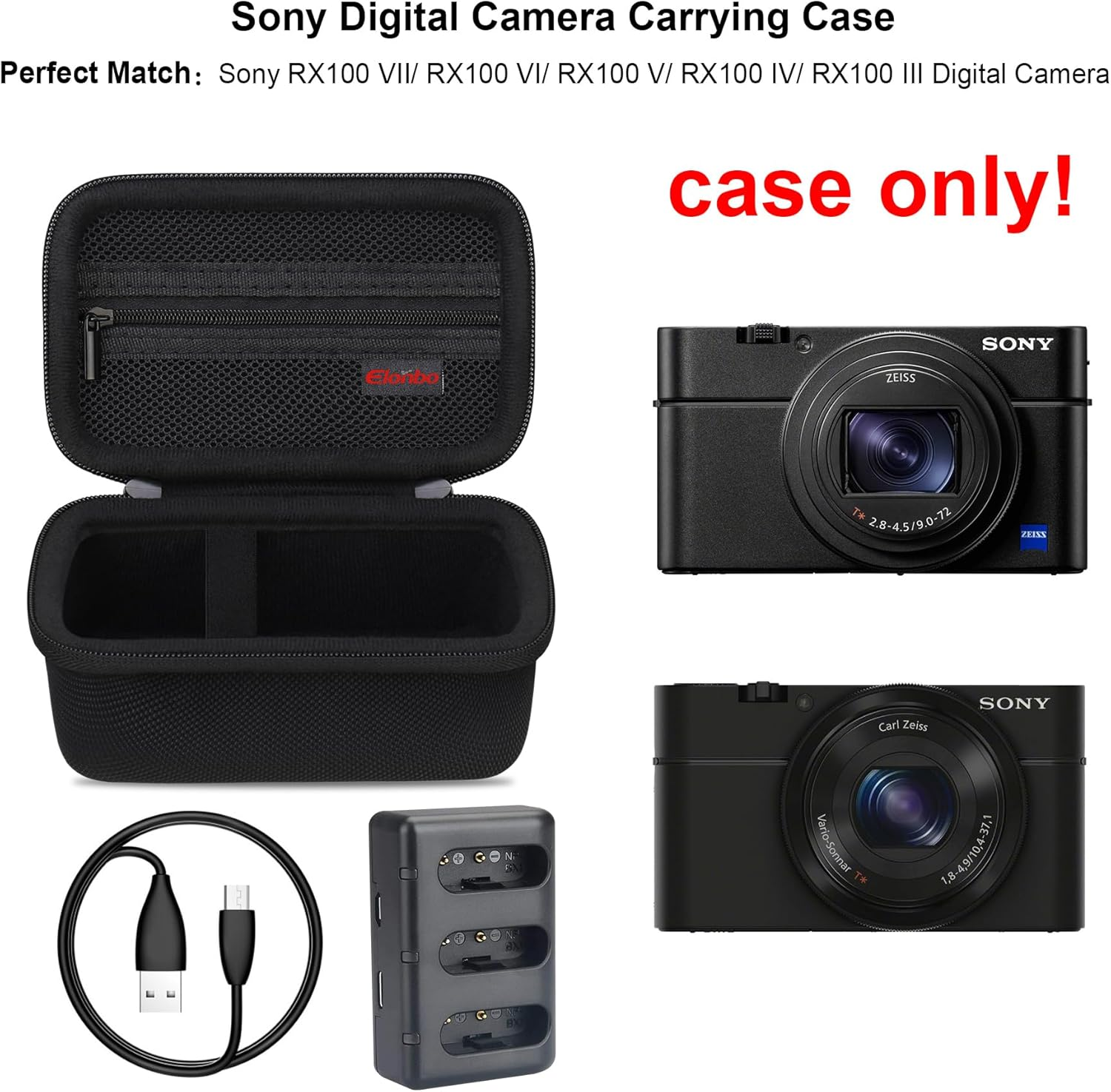 Elonbo Camera Case for Sony RX100 VII/VI/V/IV/III, Vlogging Travel Bag, Video Storage Holder. Black - Blue image number 4