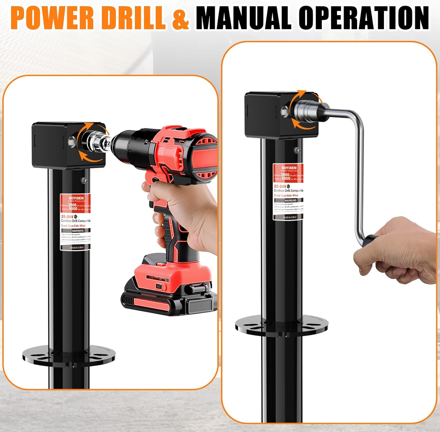 BOYISEN 5000Lbs A-Frame Trailer Jack, Height Adjustable by Power Drill or Handle, Heavy Duty Camper Tongue Jack with 6" Dual Wheel Supports up to 2000 Lbs for Utility Boat Yacht Trailer image number 6