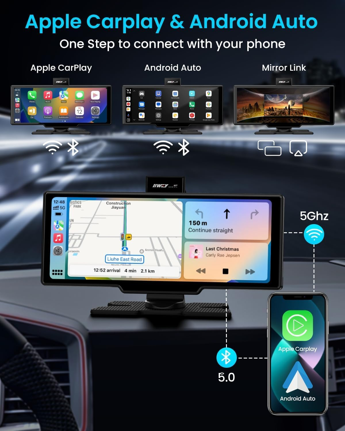 10.26" Portable Wireless Carplay Screen for Car, Apple Carplay & Android Auto, 4K Dash Cam with 1080P Backup Camera, Touchscreen DVR, Dual Recording, Includes Mount & 64GB Card image number 6