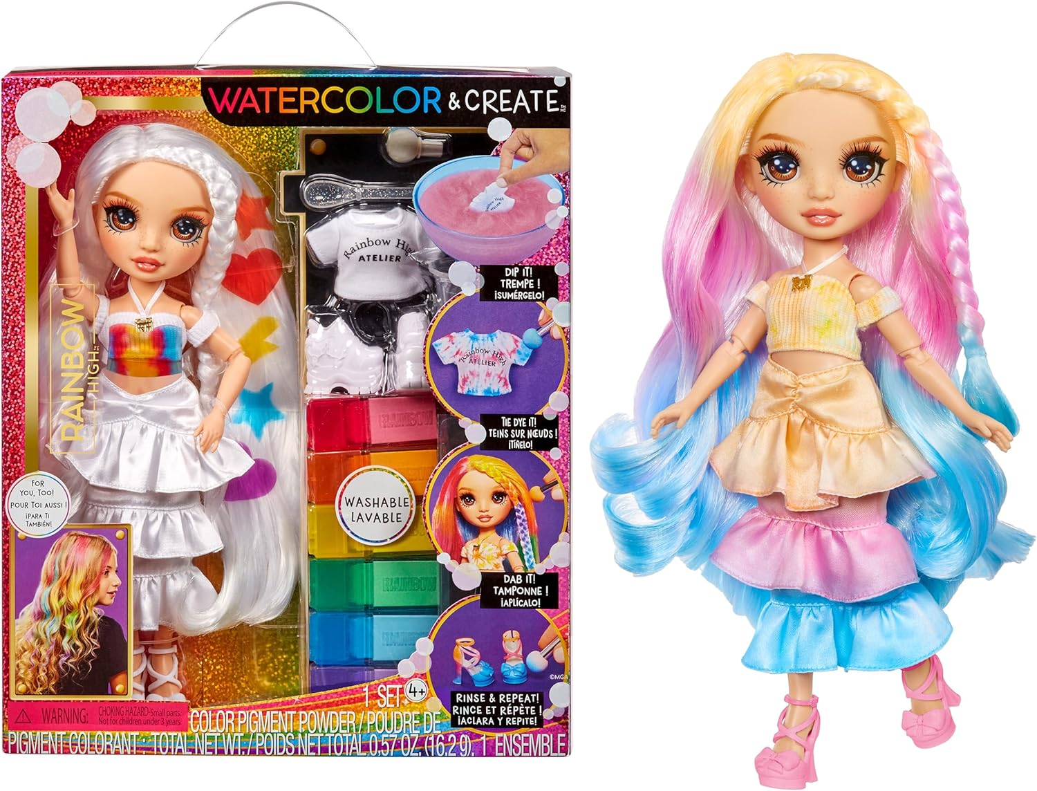 Rainbow High Watercolour & Create DIY Fashion Doll with Washable Watercolours and Tie-Dye Kit - Brown Eyes, Curled Hair, Extra Top & Shoes - Colour, Create, Play, Rinse and Repeat - Kids 4-12+ Years