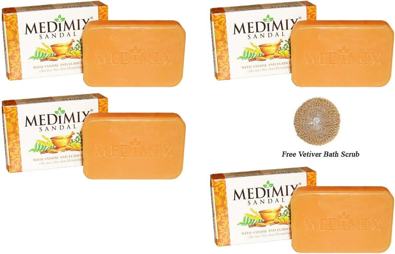 4 X MEDIMIX Sandal Soap - Effective for Skin Blemishes - 75G + Fee Vetiver Bath Scrub