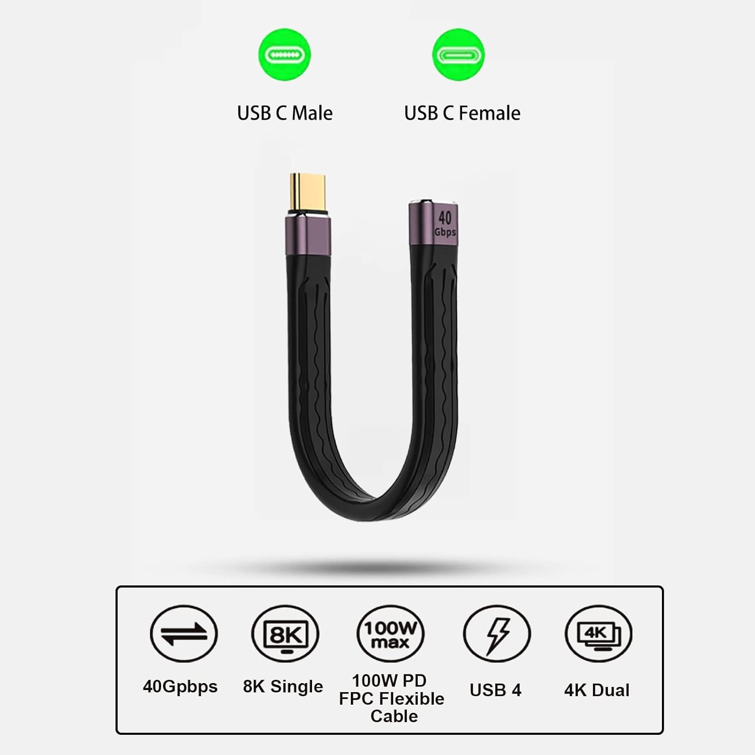 Short Extension USB C Cable 10 Cm Flexible Thunderbolt 4 3 USB4, PD 100W Quick Charge, 8K Video, 40Gbps Data Transfer for External SSD, EGPU, Docking, Macbook, Ipad, Hub, Phone, Powerbank image number 1
