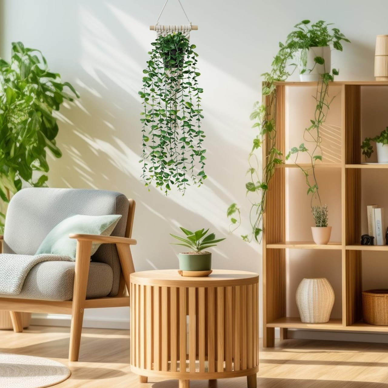 Avoik Artificial Eucalyptus Wall Hanging Decor, Artificial Hanging Greenery Plants, Macrame Plant Hanger with Faux Vines Hanging Planter for Boho Chic Home Office Bedroom Indoor Farmhouse Decor image number 4