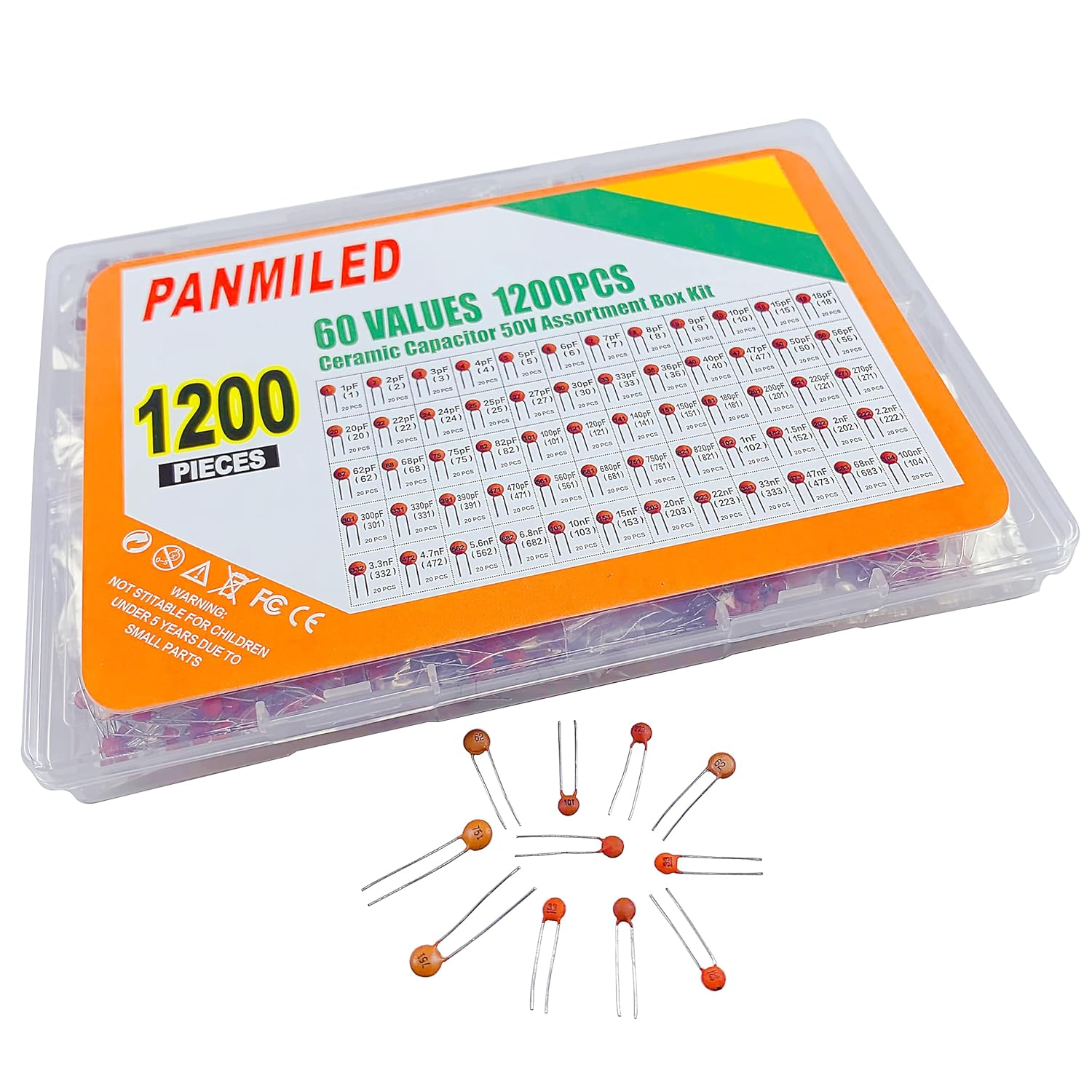 PANMILED 60 Values 1200 Pieces Ceramic Capacitor 1Pf-100Nf 50V Multilayer Monolithic Chip Capacitors Assortment Kit image number 3