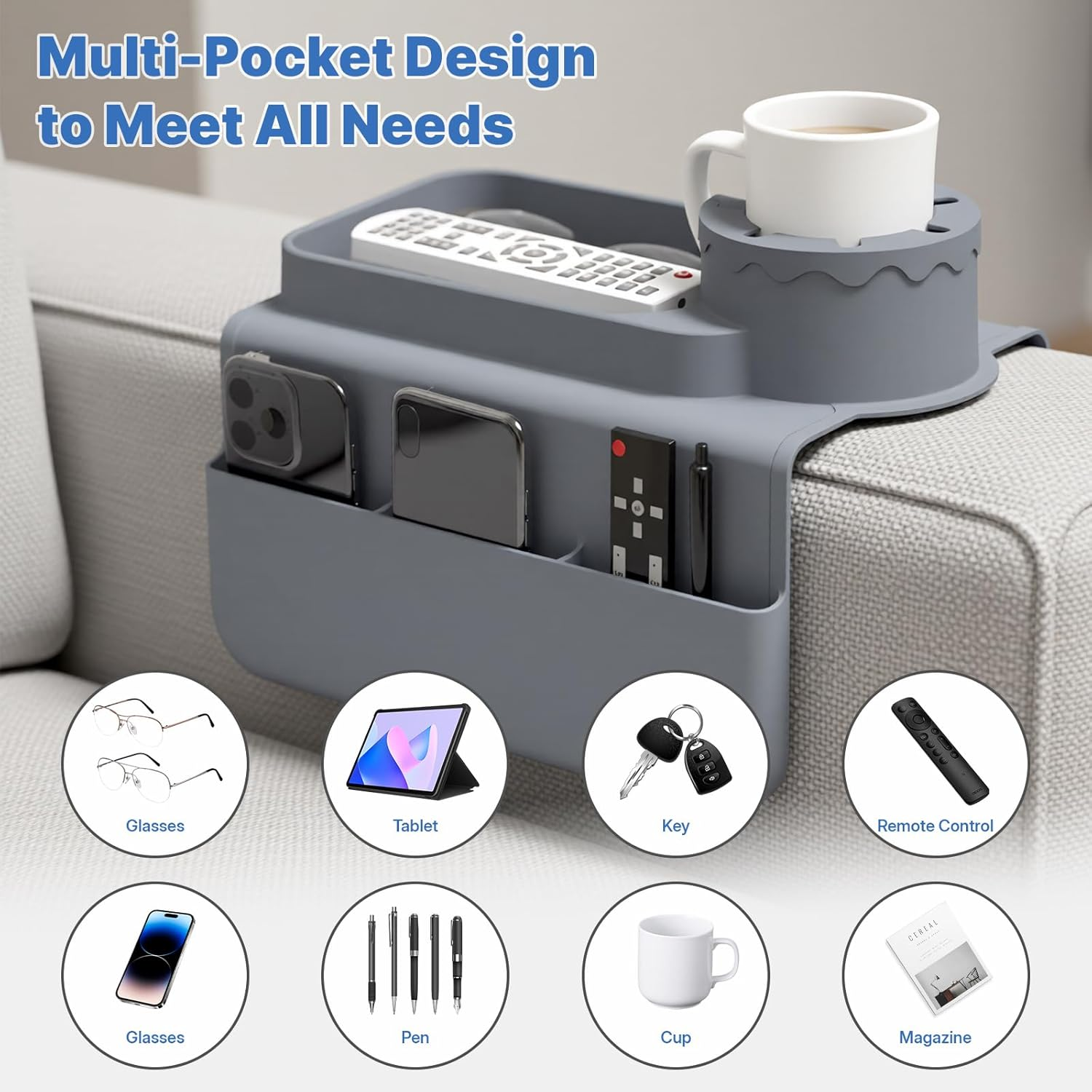 Uandhome Couch Cup Holder Tray, Silicone Sofa Armrest Organizer with Assesory Pockets for Storage Remotes, Cell-Phone,Tablet or Snack, Anti-Spill and Anti-Slip Couch Cup Holder for Drink (Gray) image number 1