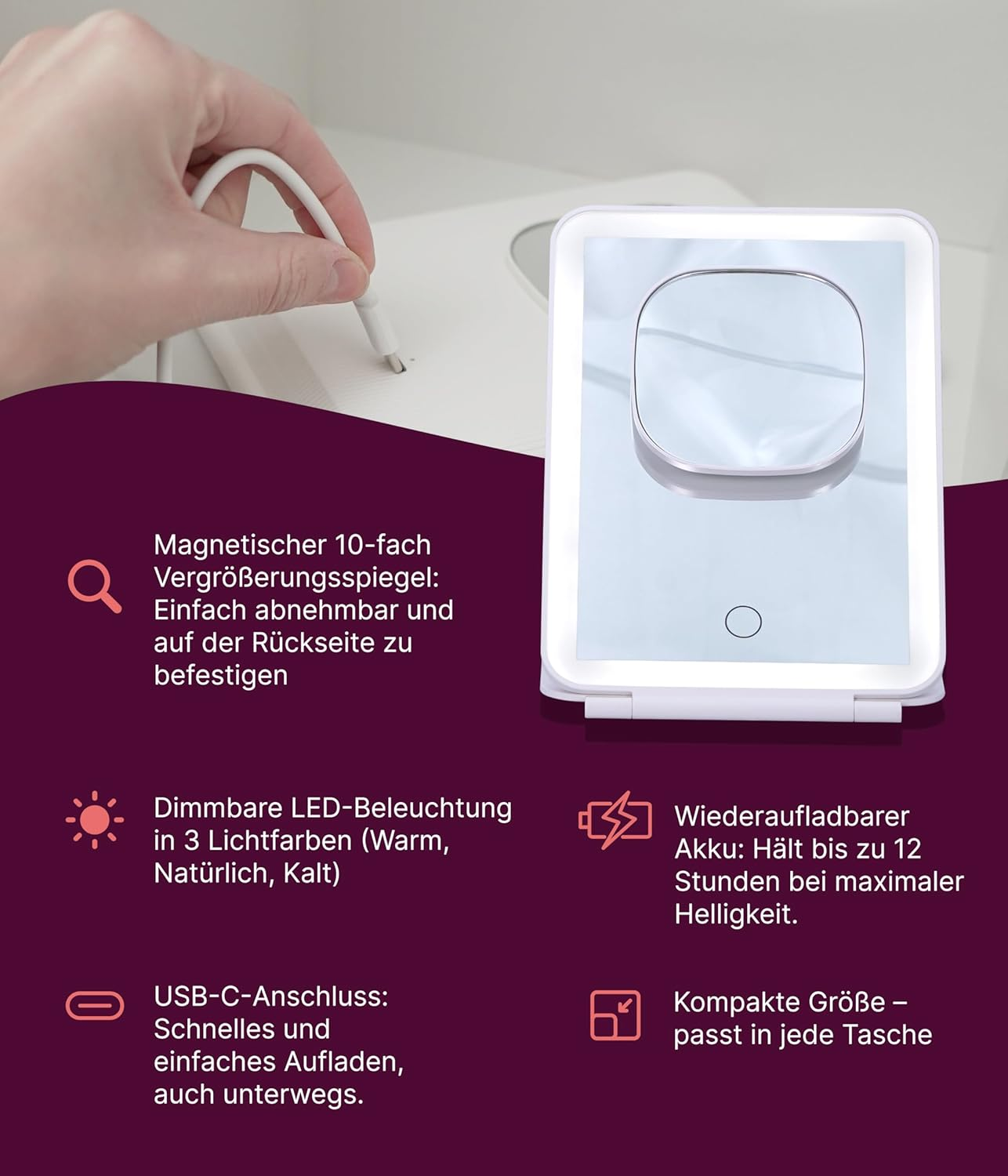 Fantasia Beauty Makeup Mirror with Lighting - Travel Folding Mirror with 10X Magnification & LED Light - Long Lasting Battery & 3 Light Modes - Ideal for Travel - Cosmetic Mirror for Precise Makeup image number 5