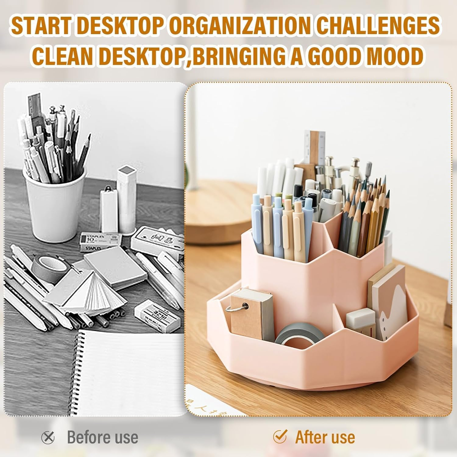 Pencil Pen Holder for Desk, 9 Slots 360 Degree Rotating Desk Organizer, Cute Pen Organizers Stationery Supplies for Office Home & Art Supply (Pink)