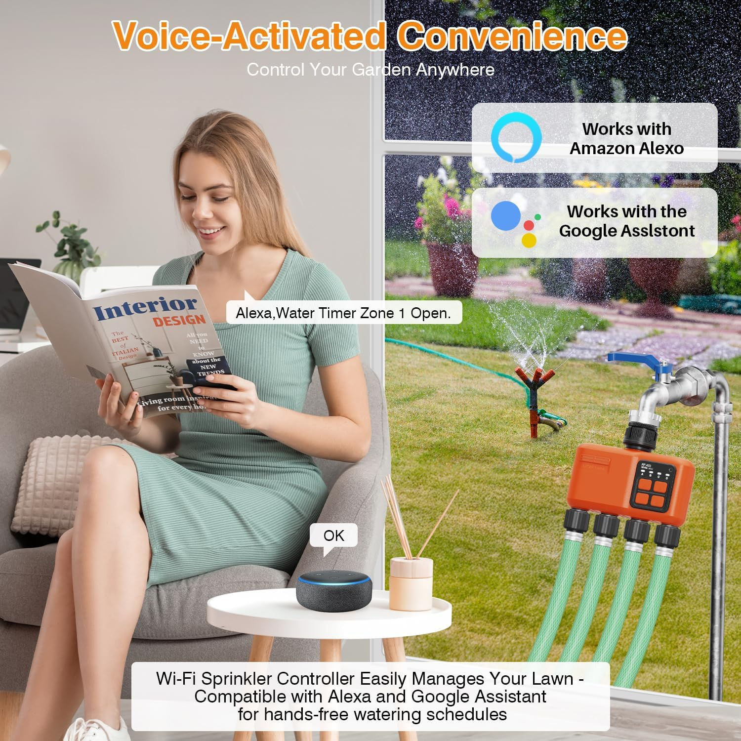 Smart Wifi Sprinkler Timer 4 Zone,Wifi Water Timer for Garden Hose with 984 FT Range,App & Remote Control,Alexa & Google Voice Compatible,Rain Delay, Manual Mode Sprinkler System image number 3