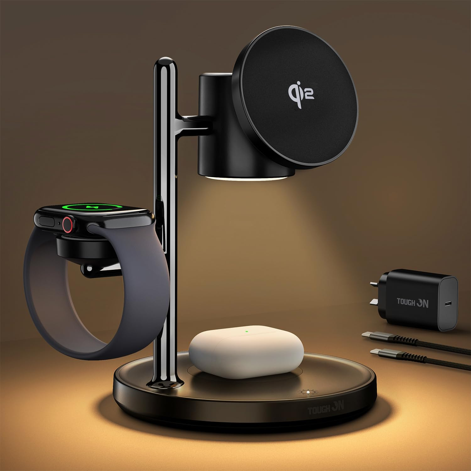 TOUGH on Magmore 4 in 1 Wireless Charger, Qi2 Certified 15W Fast Charging Station with Dimmable Night Light, Magsafe-Compatible Stand for Iphone 17/16/15, Apple Watch, Airpods, Samsung Galaxy Devices image number 1