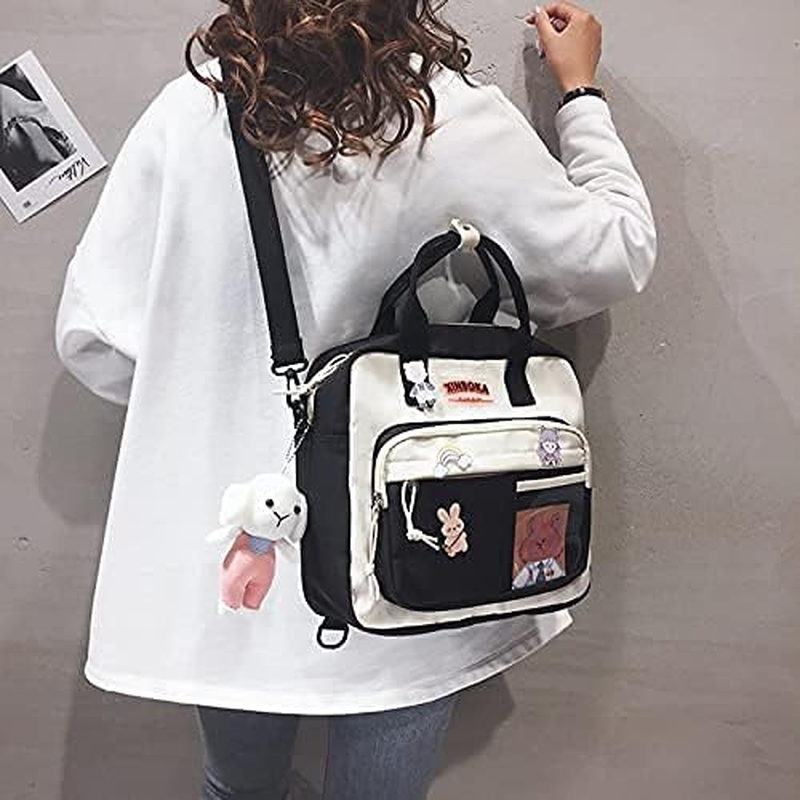 Kawaii Canvas School Backpack with Pendant, Laptop Shoulders Bag, Back to School off to College Supplies - Pink image number 4