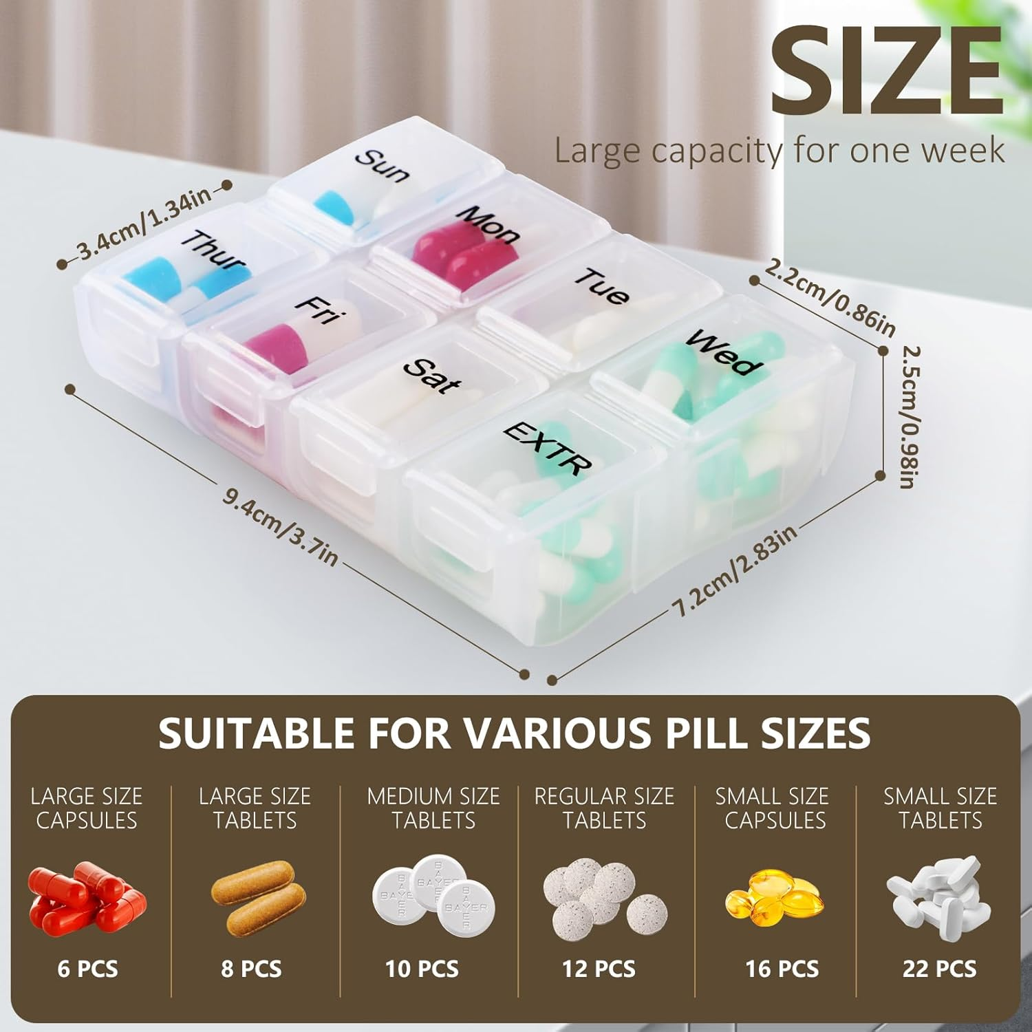 7 Day Pill Organizer, Weekly Pill Organize Case, 8 Compartments for Extra, Case for Travel/Pills/Supplements Trasparent image number 3